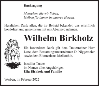 Traueranzeige von Wilhelm Birkholz  von Magdeburger Volksstimme