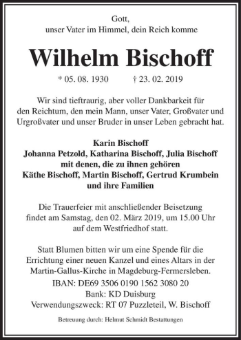 Traueranzeige von Wilhelm Bischoff  von Magdeburger Volksstimme