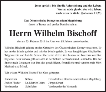Traueranzeige von Wilhelm Bischoff  von Magdeburger Volksstimme