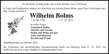Traueranzeige von Wilhelm Bolms  von Magdeburger Volksstimme