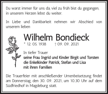 Traueranzeige von Wilhelm Bondieck  von Magdeburger Volksstimme