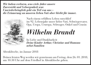 Traueranzeige von Wilhelm Brandt  von Magdeburger Volksstimme