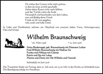 Traueranzeige von Wilhelm Braunschweig  von Magdeburger Volksstimme