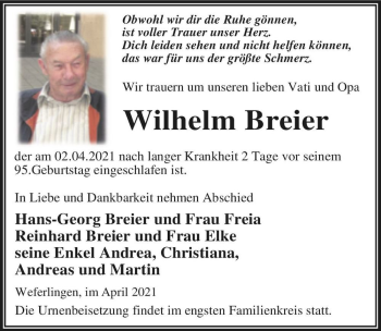 Traueranzeige von Wilhelm Breier  von Magdeburger Volksstimme