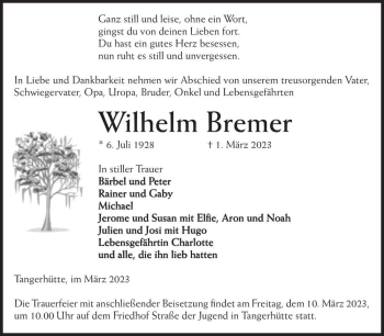 Traueranzeige von Wilhelm Bremer  von Magdeburger Volksstimme