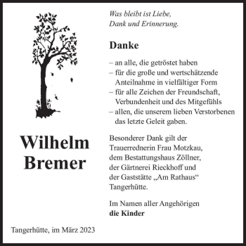 Traueranzeige von Wilhelm Bremer  von Magdeburger Volksstimme
