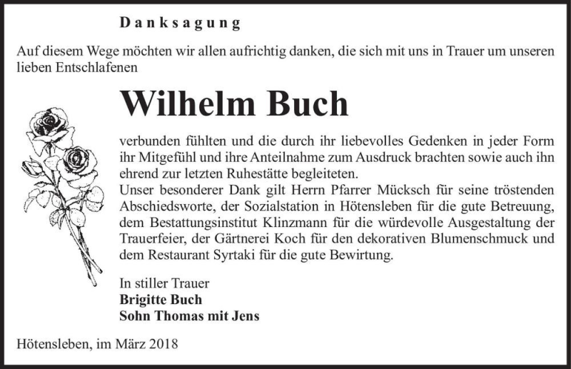  Traueranzeige für Wilhelm Buch  vom 10.03.2018 aus Magdeburger Volksstimme