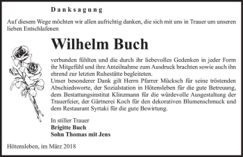 Traueranzeige von Wilhelm Buch  von Magdeburger Volksstimme