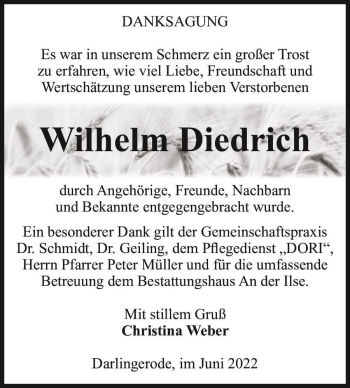 Traueranzeige von Wilhelm Diedrich  von Magdeburger Volksstimme