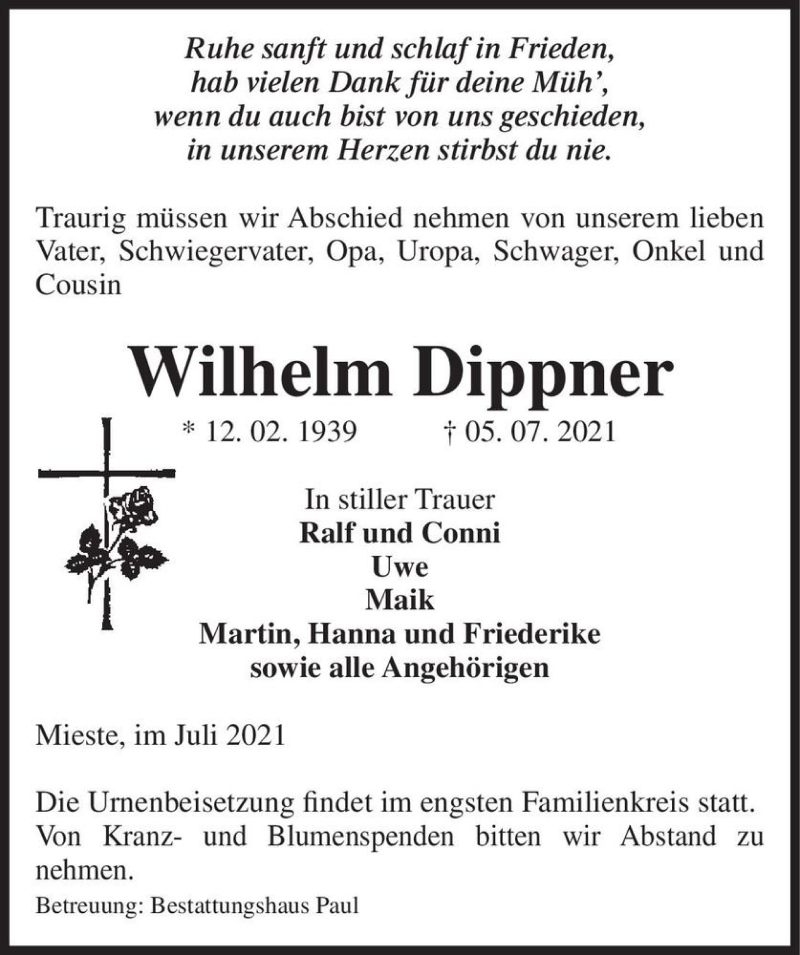  Traueranzeige für Wilhelm Dippner  vom 09.07.2021 aus Magdeburger Volksstimme