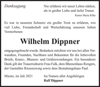 Traueranzeige von Wilhelm Dippner  von Magdeburger Volksstimme