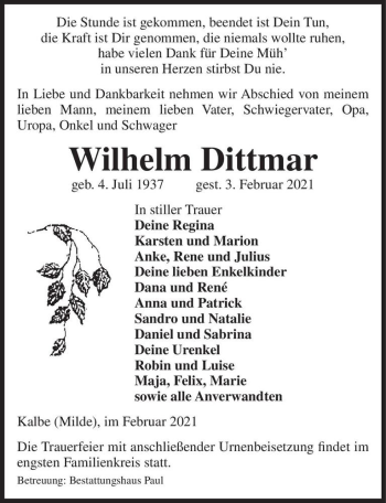 Traueranzeige von Wilhelm Dittmar  von Magdeburger Volksstimme