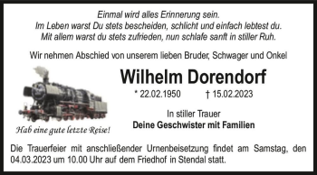 Traueranzeige von Wilhelm Dorendorf  von Magdeburger Volksstimme
