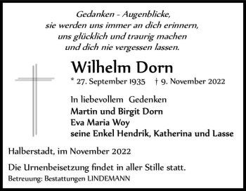 Traueranzeige von Wilhelm Dorn  von Magdeburger Volksstimme
