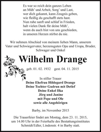 Traueranzeige von Wilhelm Drange  von Magdeburger Volksstimme