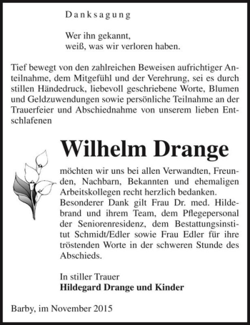 Traueranzeige von Wilhelm Drange  von Magdeburger Volksstimme
