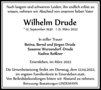 Traueranzeige von Wilhelm Drude  von Magdeburger Volksstimme