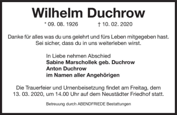 Traueranzeige von Wilhelm Duchrow  von Magdeburger Volksstimme