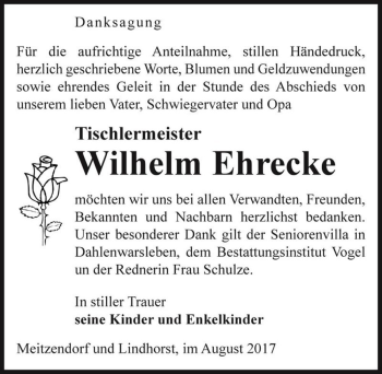 Traueranzeige von Wilhelm Ehrecke  von Magdeburger Volksstimme