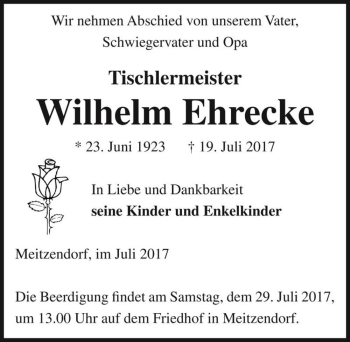 Traueranzeige von Wilhelm Ehrecke  von Magdeburger Volksstimme