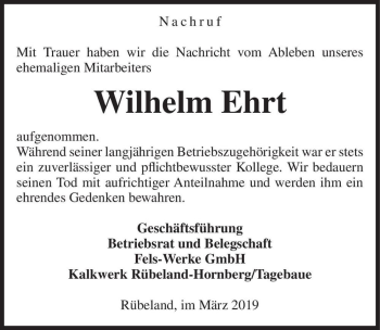 Traueranzeige von Wilhelm Ehrt  von Magdeburger Volksstimme