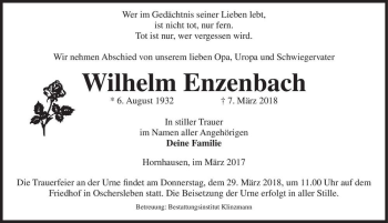 Traueranzeige von Wilhelm Enzenbach  von Magdeburger Volksstimme