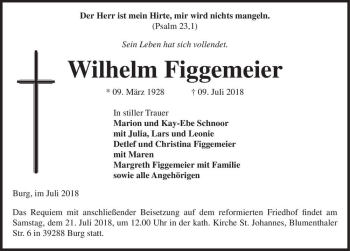 Traueranzeige von Wilhelm Figgemeier  von Magdeburger Volksstimme