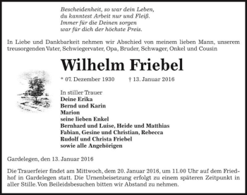 Traueranzeige von Wilhelm Friebel  von Magdeburger Volksstimme