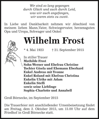 Traueranzeige von Wilhelm Frost  von Magdeburger Volksstimme