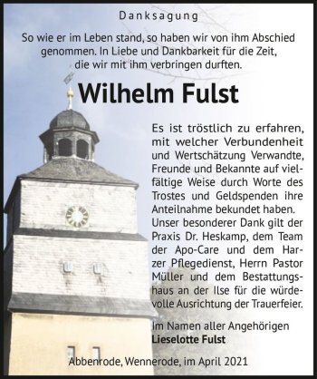 Traueranzeige von Wilhelm Fulst  von Magdeburger Volksstimme