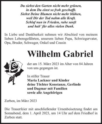 Traueranzeige von Wilhelm Gabriel  von Magdeburger Volksstimme