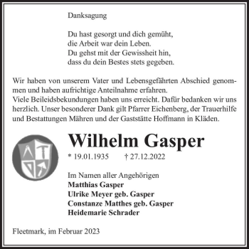 Traueranzeige von Wilhelm Gasper  von Magdeburger Volksstimme