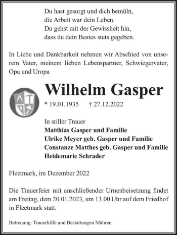 Traueranzeige von Wilhelm Gasper  von Magdeburger Volksstimme