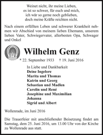 Traueranzeige von Wilhelm Genz  von Magdeburger Volksstimme