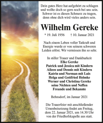 Traueranzeige von Wilhelm Gereke  von Magdeburger Volksstimme