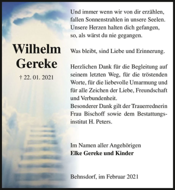 Traueranzeige von Wilhelm Gereke  von Magdeburger Volksstimme