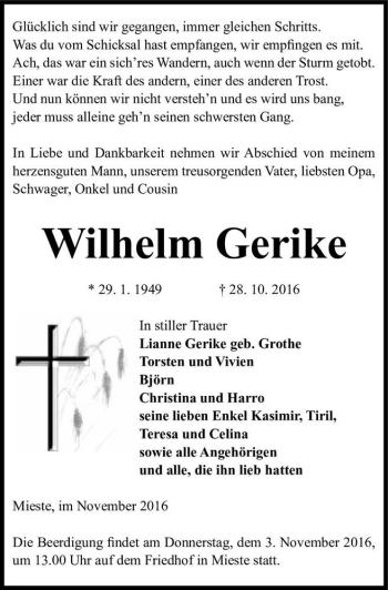 Traueranzeige von Wilhelm Gerike  von Magdeburger Volksstimme