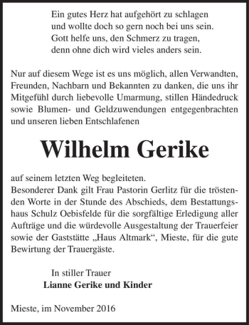 Traueranzeige von Wilhelm Gerike  von Magdeburger Volksstimme