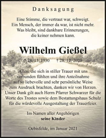 Traueranzeige von Wilhelm Gießel  von Magdeburger Volksstimme