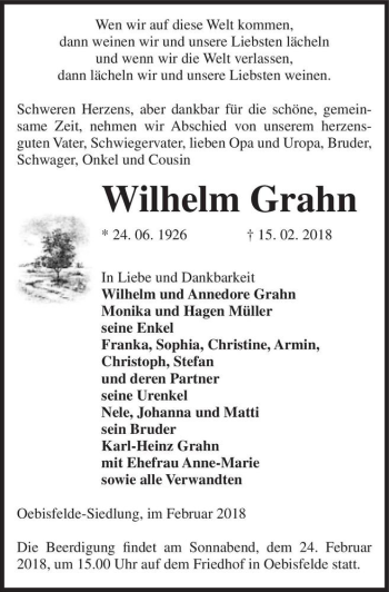 Traueranzeige von Wilhelm Grahn  von Magdeburger Volksstimme
