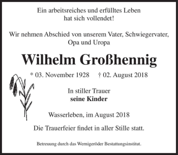 Traueranzeige von Wilhelm Großhennig  von Magdeburger Volksstimme