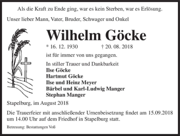 Traueranzeige von Wilhelm Göcke  von Magdeburger Volksstimme
