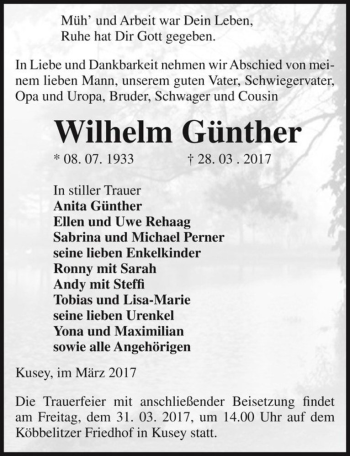 Traueranzeige von Wilhelm Günther  von Magdeburger Volksstimme