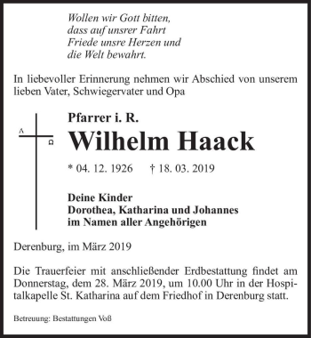 Traueranzeige von Wilhelm Haack  von Magdeburger Volksstimme