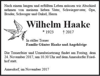 Traueranzeige von Wilhelm Haake  von Magdeburger Volksstimme