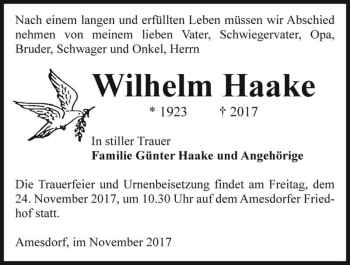 Traueranzeige von Wilhelm Haake  von Magdeburger Volksstimme