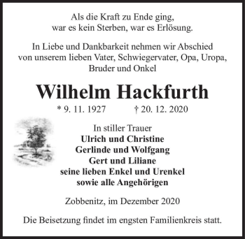 Traueranzeige von Wilhelm Hackfurth  von Magdeburger Volksstimme