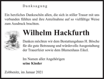 Traueranzeige von Wilhelm Hackfurth  von Magdeburger Volksstimme