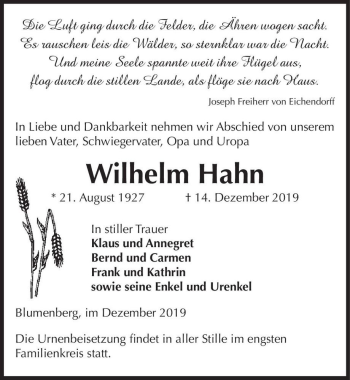 Traueranzeige von Wilhelm Hahn  von Magdeburger Volksstimme