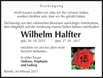 Traueranzeige von Wilhelm Halfter  von Magdeburger Volksstimme